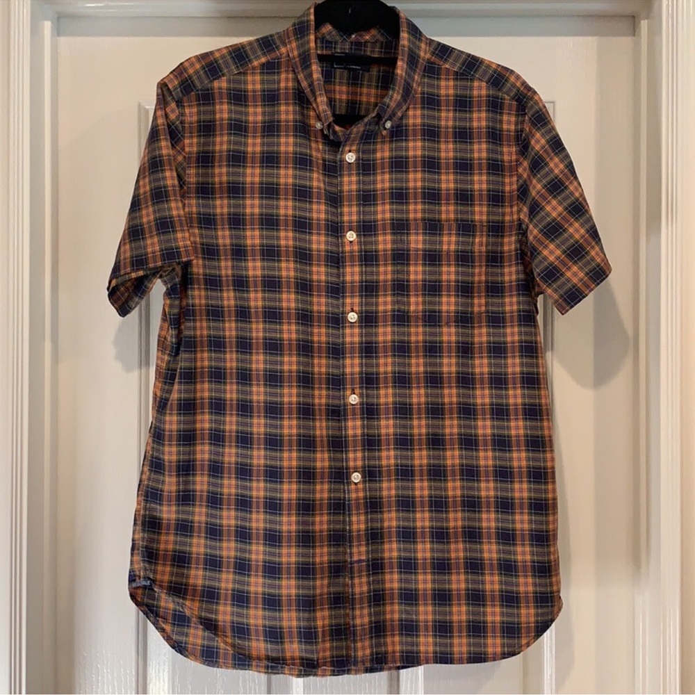 GAP Men’s Orange and Blue Plaid Casual Button Down Shirt L